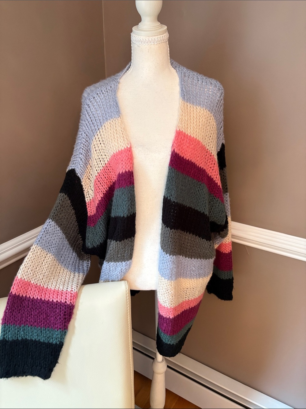 Elan Multicolor Striped Open-Front Cardigan in Pink, Purple, Blue, Cream, Black